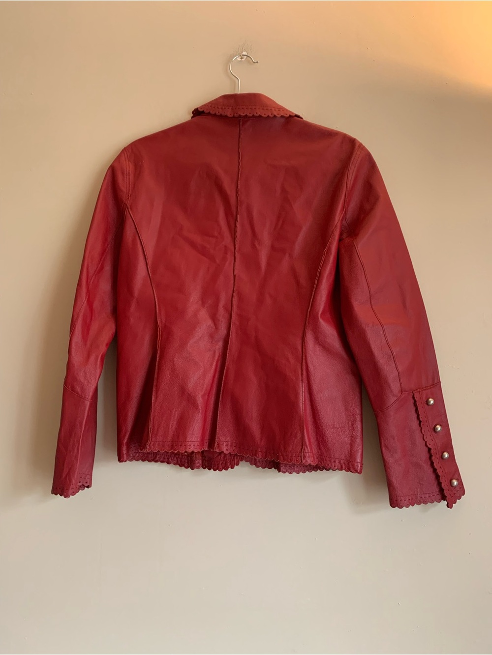 Cami NYC Red Scalloped-Trim Leather Button Jacket Women Size 12 Vintage - Picture 4 of 4